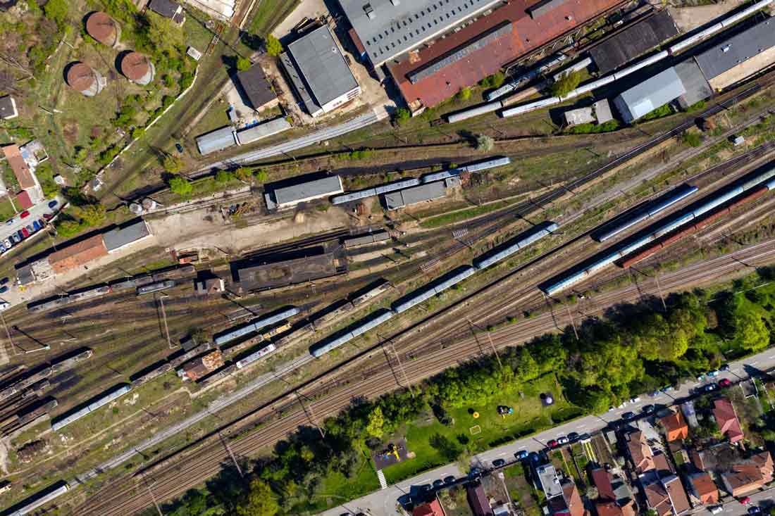 aerial drone view of old locomotive train depo