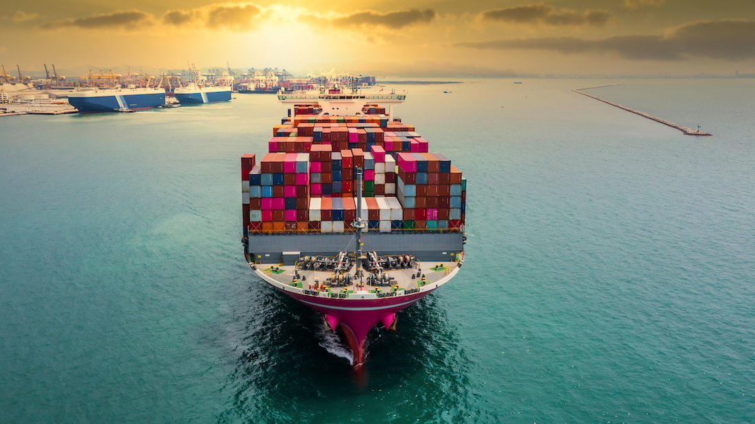 Aerial view of container ship