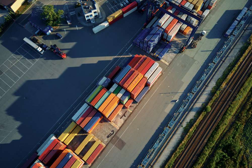 An aerial view of a freight yard