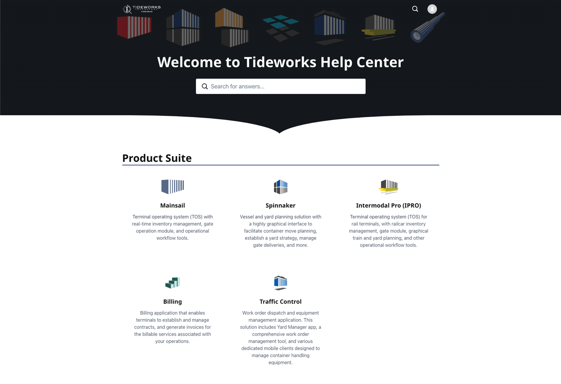 a screenshot of the home screen of Tideworks’ Help Center