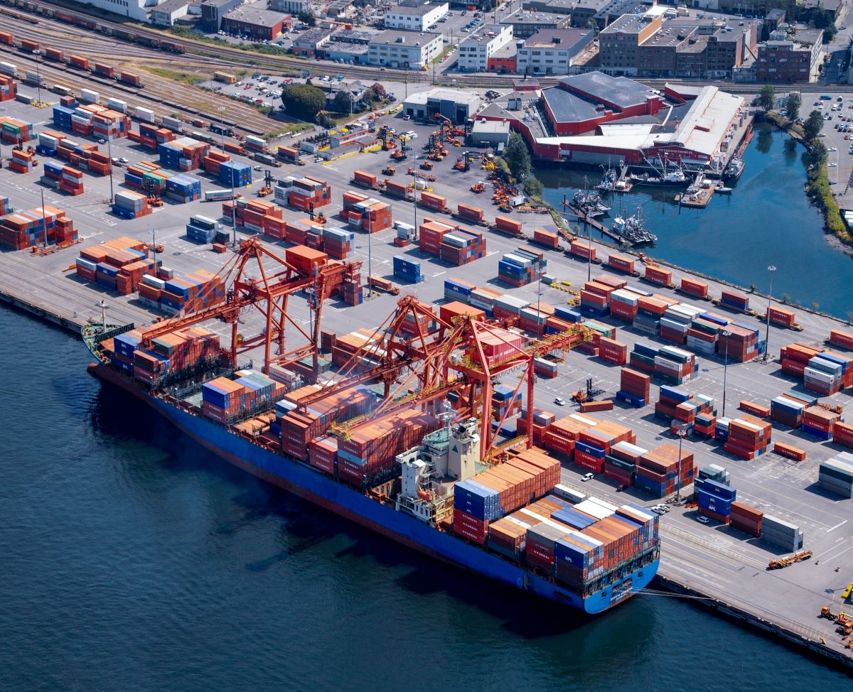 an aerial view of a marine port container terminal