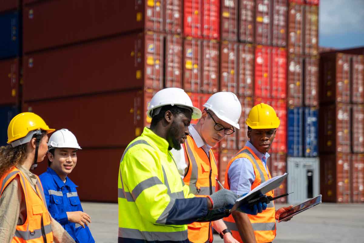 a group of engineers working in a shipping yard container